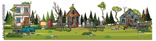 Abandoned Rural Village With Cemetery And Overgrown Buildings