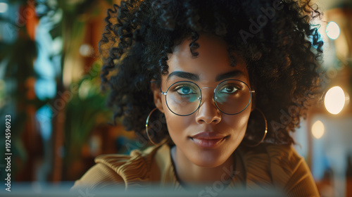 Young woman with curly hair and glasses focused on laptop screen in modern indoor setting