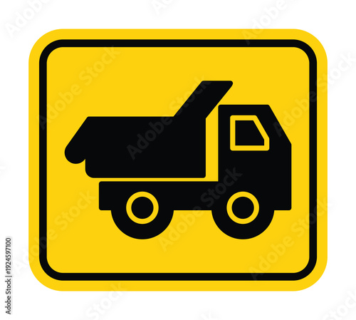Black Dump Truck Icon on Yellow Traffic Sign Background for Construction Use