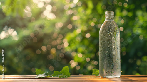 Refreshing clear water bottle on wooden table in lush green garden