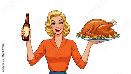 blonde-woman-roasted-turkey-beer-bottle-festive-scene-vector