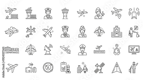 Airport line editable icons set with plane, pilot, air hostess, satellite and departure symbols, vector illustration for travel industry