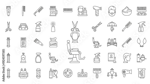  Barbershop and hair salon vector icons set with clipper, comb, razor, sprayer, pomade and hair dryer, outline collection editable stroke