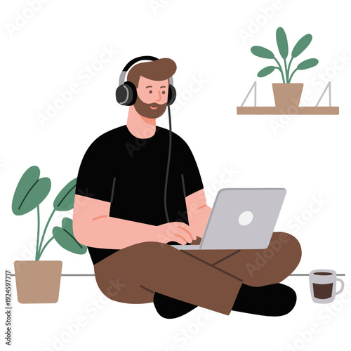 Freelancer Sitting on Floor Working with Laptop