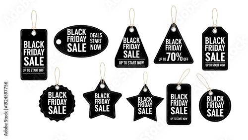 Black Friday sale tags collection with seven hanging labels in various shapes, vector illustration for holiday shopping promotions