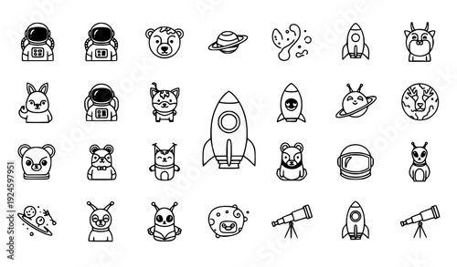 Space Adventure Icons – Astronauts and Cosmic Animals Vector Set