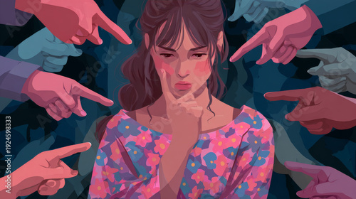 Sad or depressed young woman surrounded by hands with index fingers pointing at her. Concept of quilt, accusation, public censure and victim blaming. Flat cartoon colorful vector illustration.