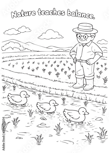 coloring book page grandfather observing ducks roaming near a rice field or meadow