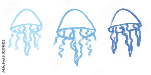 Set of hand drawn jellyfish doodle Sea animal illustration Cute marine underwater creature Medusa sketch clipart Single element for web, design, decor, children's print