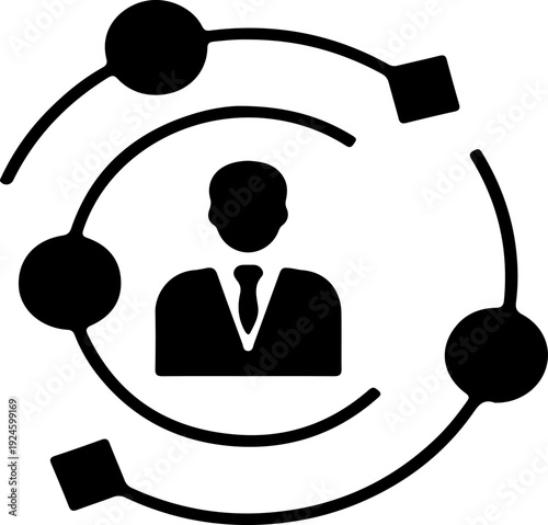 Business network solid icon. Includes a businessman surrounded by interconnected nodes. Created in a black fill style with a monochrome palette.