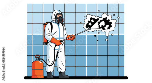Illustration of a person in a hazmat suit spraying disinfectant on a tiled wall.