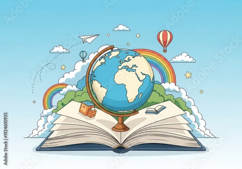 Illustration of a globe on an open book with colorful elements