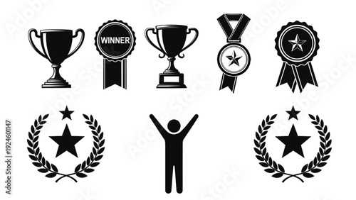 Monochrome awards and achievements icon collection displayed on plain background, vector set for recognition and success concepts