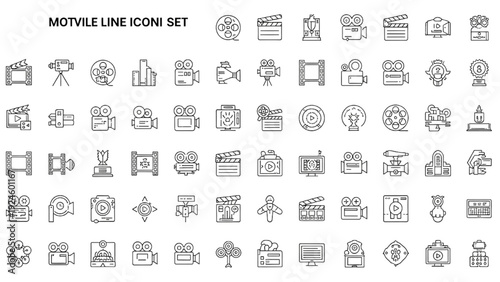 Movie line editable icon set with film, multimedia, cinematography and video symbols, vector illustration for entertainment industry