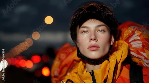 Wallpaper Mural A person in a helmet and jacket looks towards the viewer with night lights blurred in background Torontodigital.ca