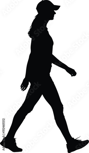 Full length woman walking silhouette in side view wearing cap and casual outfit isolated on white background, active female stride concept for lifestyle design projects.