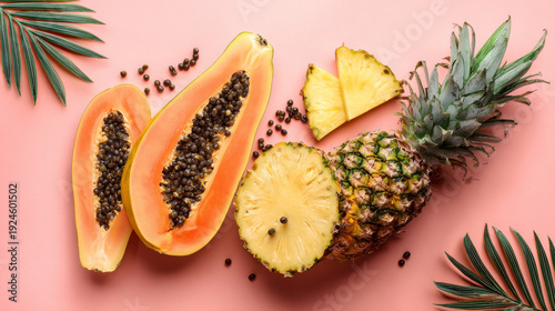 Top view of flat lay with sliced papaya and pineapple on pink background. Tropical fruits.