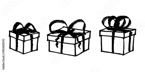 Set of hand drawn present box with ribbons Birthday present clipart Christmas gift Holiday doodle For design, print, web, decor, greeting card, sale
