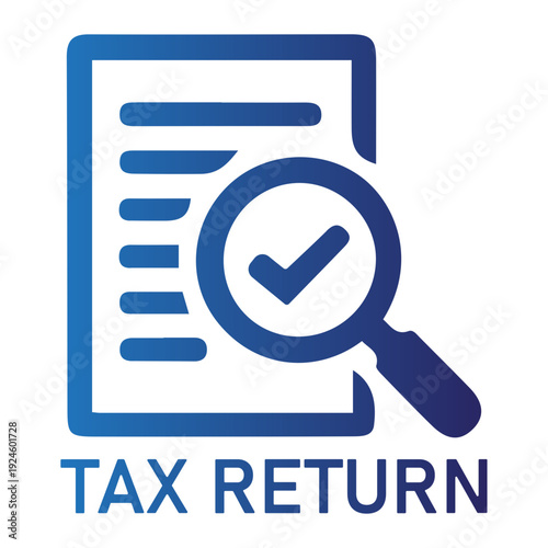 Clean vector icon of a tax return document under review, featuring a magnifying glass and checkmark. Symbolizing successful financial audit, verification, and compliance