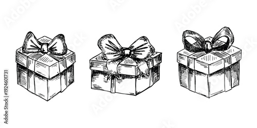Set of hand drawn present box with ribbons Birthday present clipart Christmas gift Holiday doodle For design, print, web, decor, greeting card, sale