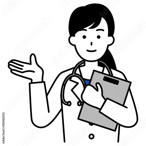 右手で案内する医師の女性