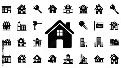 Real estate icon collection featuring houses, keys, buildings and property symbols, vector set for realtor websites and property listings