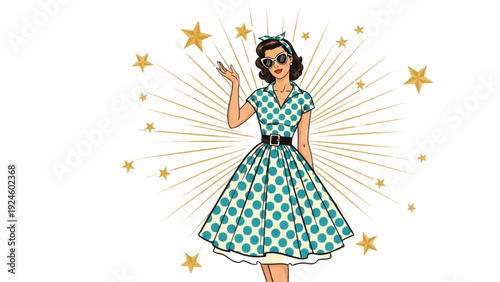 Vintage pin-up girl illustration wearing sunglasses surrounded by decorative stars, retro glamour vector art for nostalgic design projects