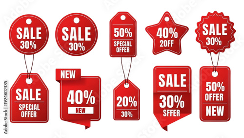 Red discount tags vector set with sale badges, special offer labels and shopping icons collection for retail promotions and marketing