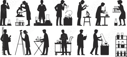 Scientist laboratory silhouettes collection, chemistry research experiments, people working science lab equipment, isolated black vector illustration set icons education technology