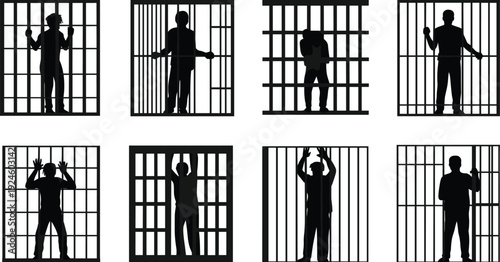 Prisoner silhouette collection behind jail bars, inmate poses set, criminal justice concept, black human figures isolated on white background illustration