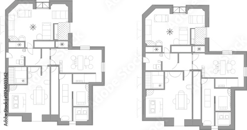 Residential apartment floor plan layout, modern home interior blueprint design, detailed architectural drawing, furnished rooms top view plan