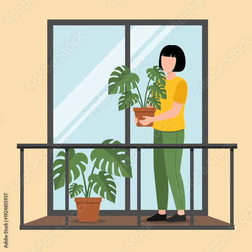 Man Watering Plants on Balcony – Urban Gardening Lifestyle Illustration with Indoor Greenery