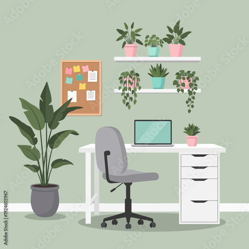Modern Home Office Workspace Illustration – Minimal Interior Desk Setup with Plants