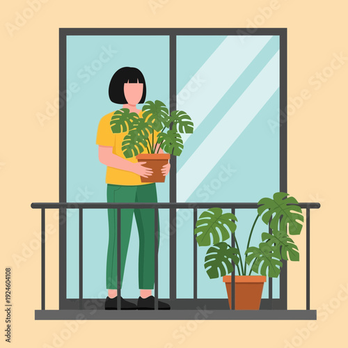Man Watering Plants on Balcony – Urban Gardening Lifestyle Illustration with Indoor Greenery