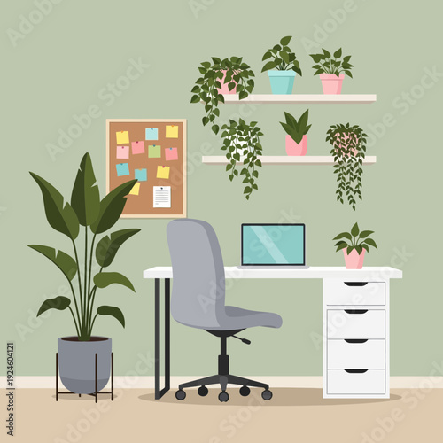 Modern Home Office Workspace Illustration – Minimal Interior Desk Setup with Plants