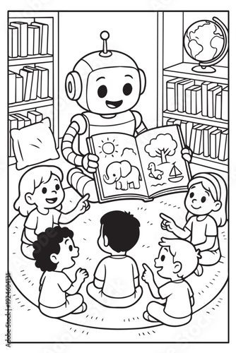 A cute vector illustration of a friendly robot teaching many small children, drawn in black and white, perfect for fun and engaging coloring activities.