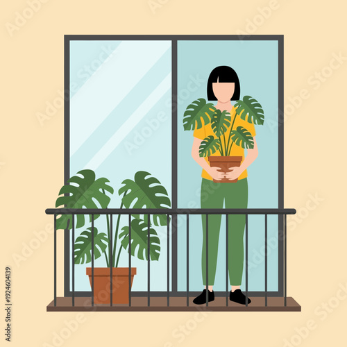 Man Watering Plants on Balcony – Urban Gardening Lifestyle Illustration with Indoor Greenery