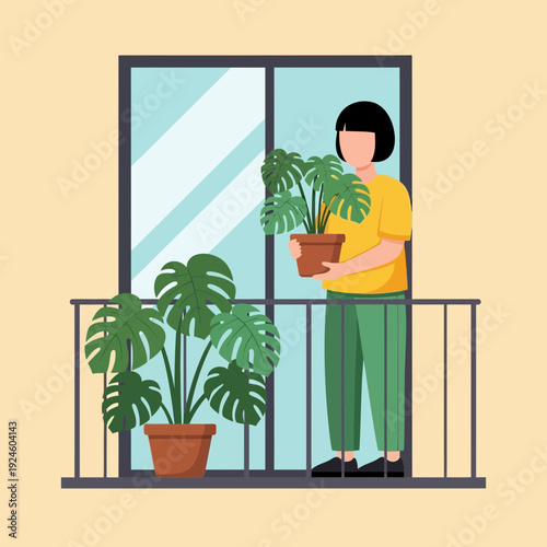 Man Watering Plants on Balcony – Urban Gardening Lifestyle Illustration with Indoor Greenery