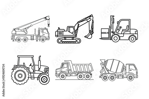 Professional Heavy Machinery Set With Mobile Crane Excavator Forklift Agricultural Tractor Tipper Truck And Cement Mixer Vehicle Line Art