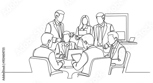 Continuous line drawing of a business meeting with multiple professionals collaborating around a table and standing in an office setting.