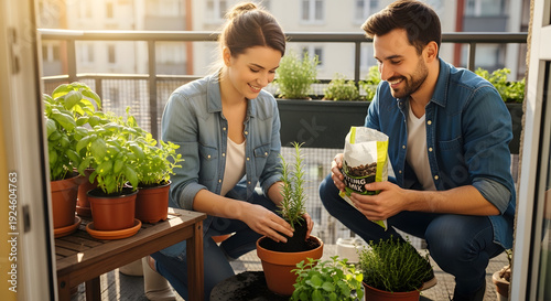 Smiling man and woman wearing denim shirts planting rosemary and basil in clay pots while enjoying gardening hobby on city balcony during sunny day