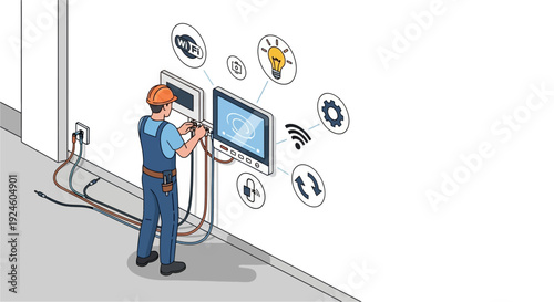 A technician installs a smart home control panel on a white wall, connecting wires and integrating various smart technology features like Wi-Fi, lighting, and security.