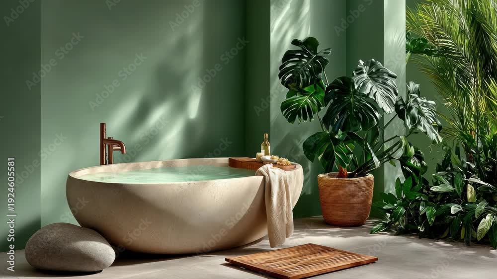 custom made wallpaper toronto digitalA tranquil bathroom with a stone tub, lush plants, and a wooden accent