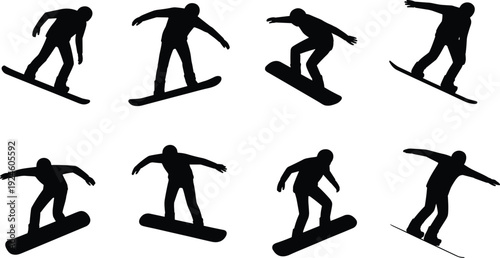 Snowboarder silhouette trick sequence, winter extreme sports action poses, snowboarding jump motion, black athlete figures isolated on white