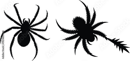 Spider silhouette set illustration, scary black arachnid designs, creepy insect shapes, horror tattoo logo elements isolated on white background