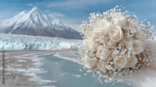 Wallpaper Mural A wedding bouquet of white roses and baby's breath against a glacial landscape Torontodigital.ca