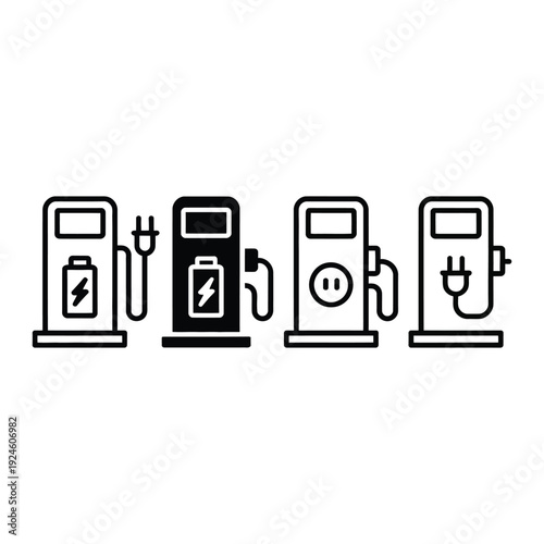Electric Vehicle Charging Station Icons Set Outline and Solid Designs