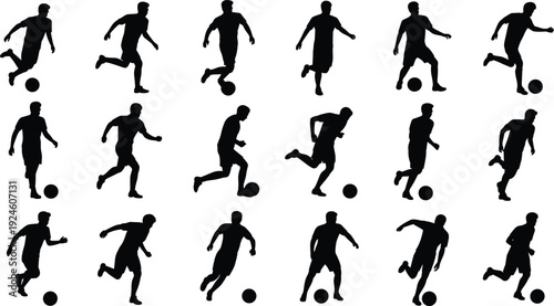 Soccer football player silhouette set, male athlete dribbling running poses collection, sports action people, black vector icons isolated white background