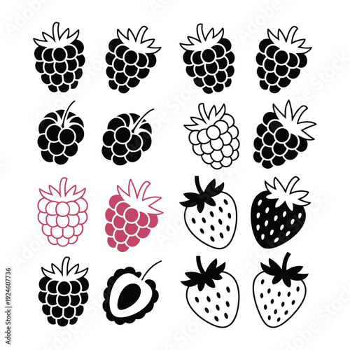 Stylized Berry Icons Collection with Raspberries and Strawberries for Food and Health Designs