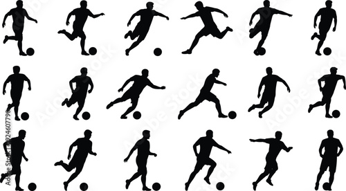 Soccer football player silhouette set, male athlete dribbling kicking running poses collection, sports action people, black vector icons isolated white background